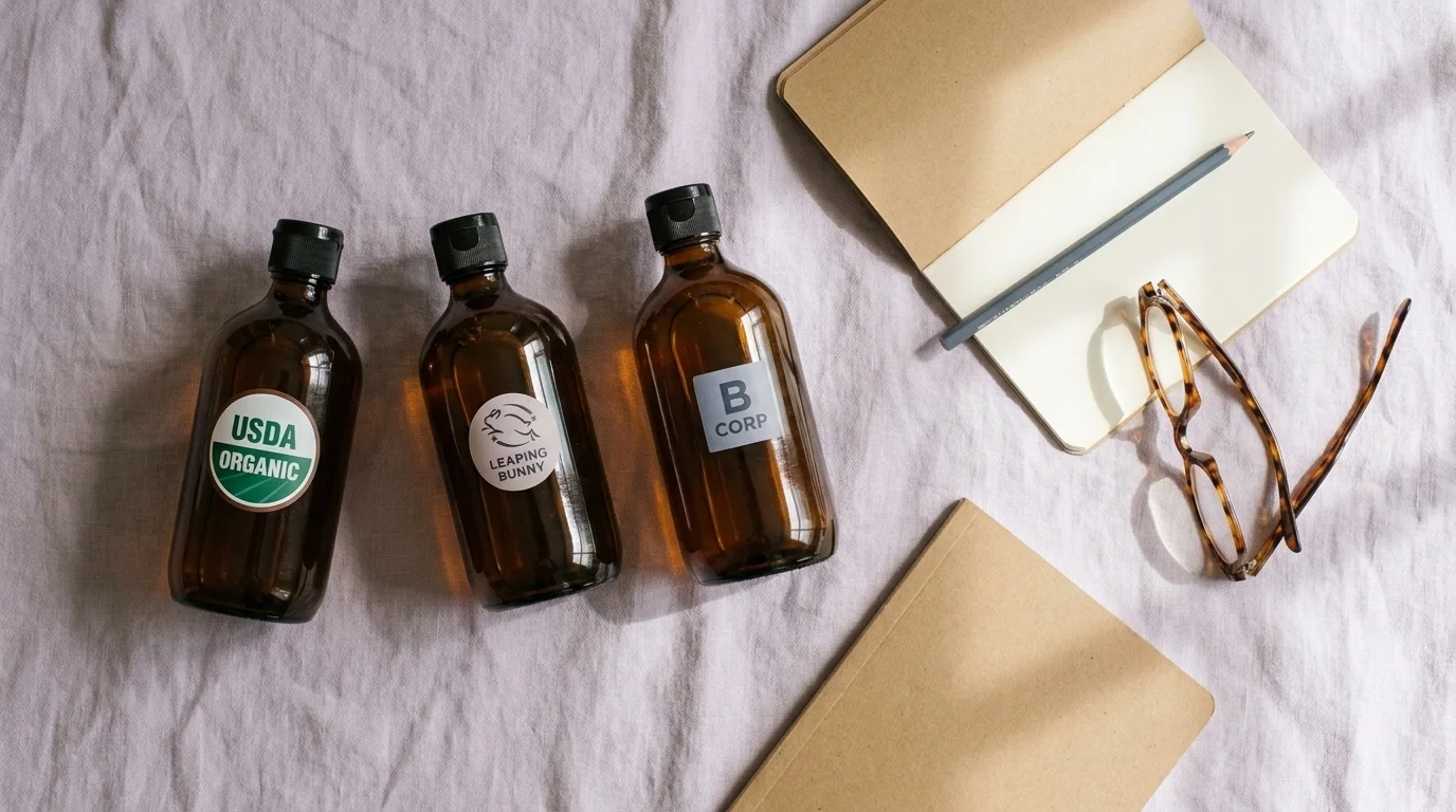 Flat-lay of three pet shampoo bottles with USDA Organic, Leaping Bunny, and B Corp seals beside a notebook and reading glasses