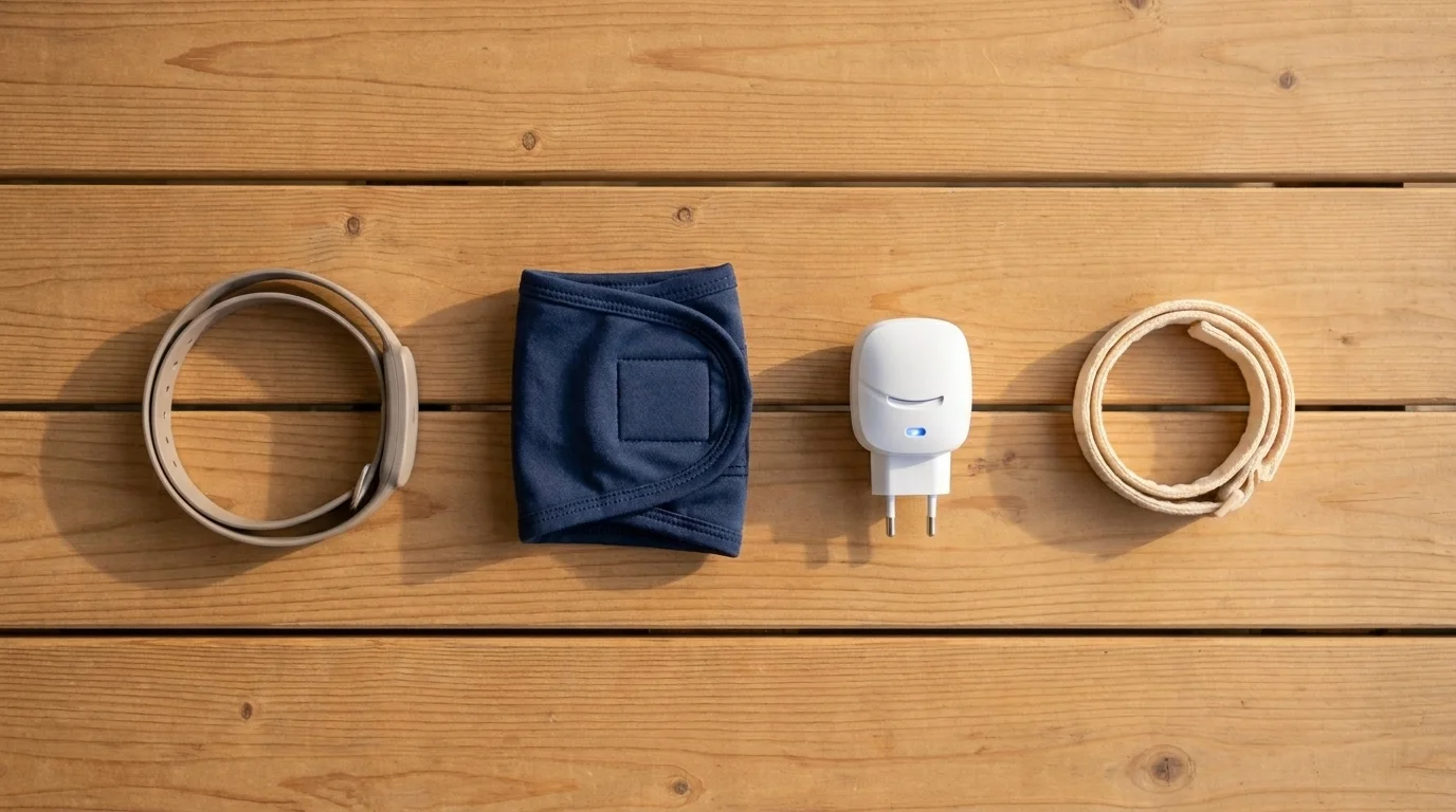 Flat-lay of four calming devices for dogs: smart collar, navy anxiety wrap, pheromone diffuser, and pheromone collar
