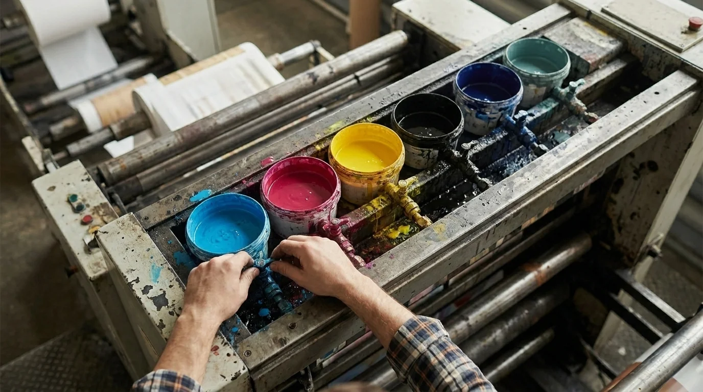Press operator adjusts CMYK and spot-colour ink wells on a flexible-packaging press, the production side of pet packaging design
