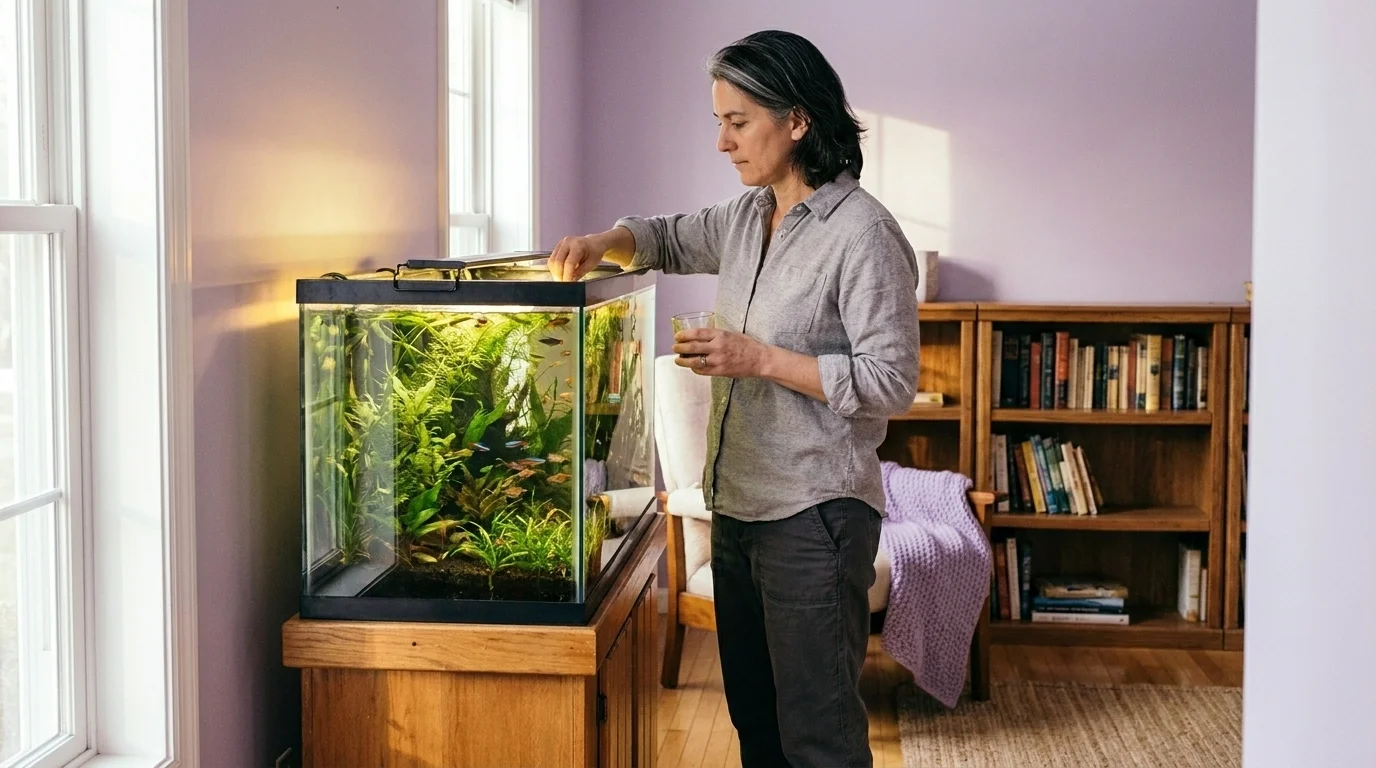 A Gen X-aged person in a brightly-lit home tending a properly-sized reptile enclosure or freshwater aquarium