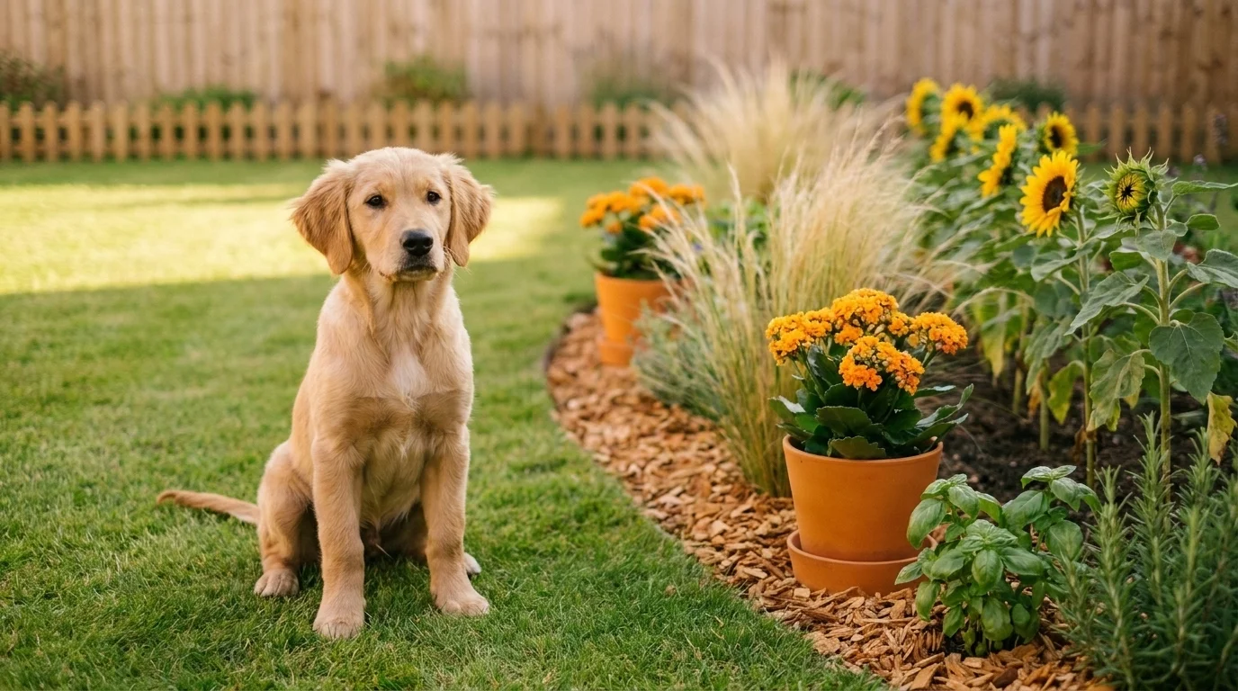 Golden Retriever puppy on lawn in a fenced back yard beside pet-safe marigolds, ornamental grass and sunflowers
