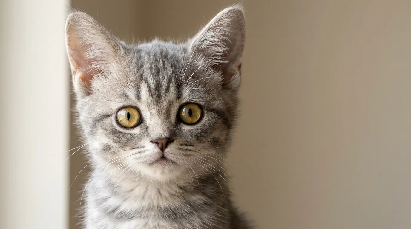 Close-up of a grey tabby kitten with oversized low-set eyes, domed forehead and very short nose, classic baby schema