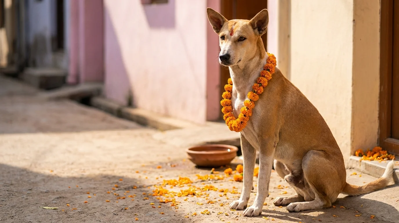 A calm Indian street dog with a marigold garland and a small red sandalwood tilak on its forehead during Kukur Tihar