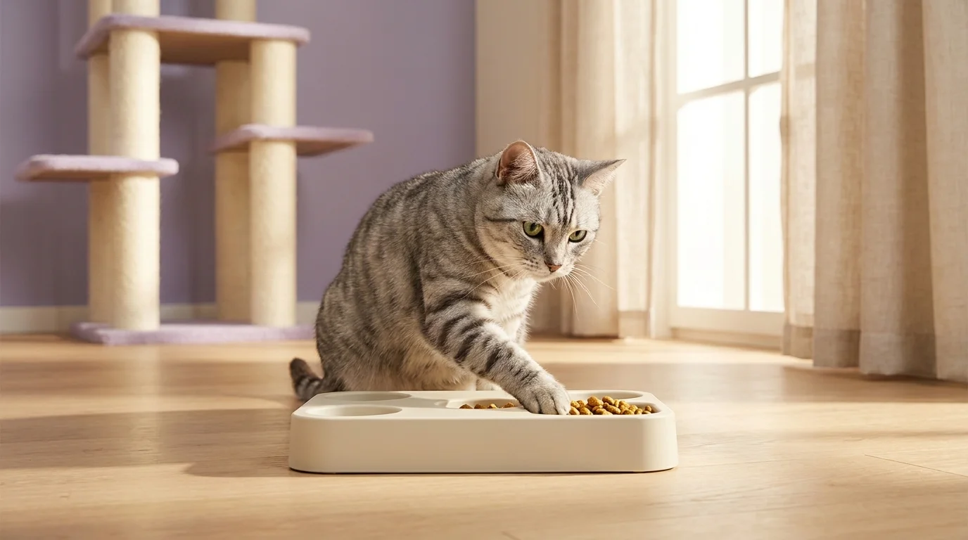 Silver tabby pawing kibble from a stationary puzzle feeder, cat tree behind — indoor enrichment via AAFP Five Pillars