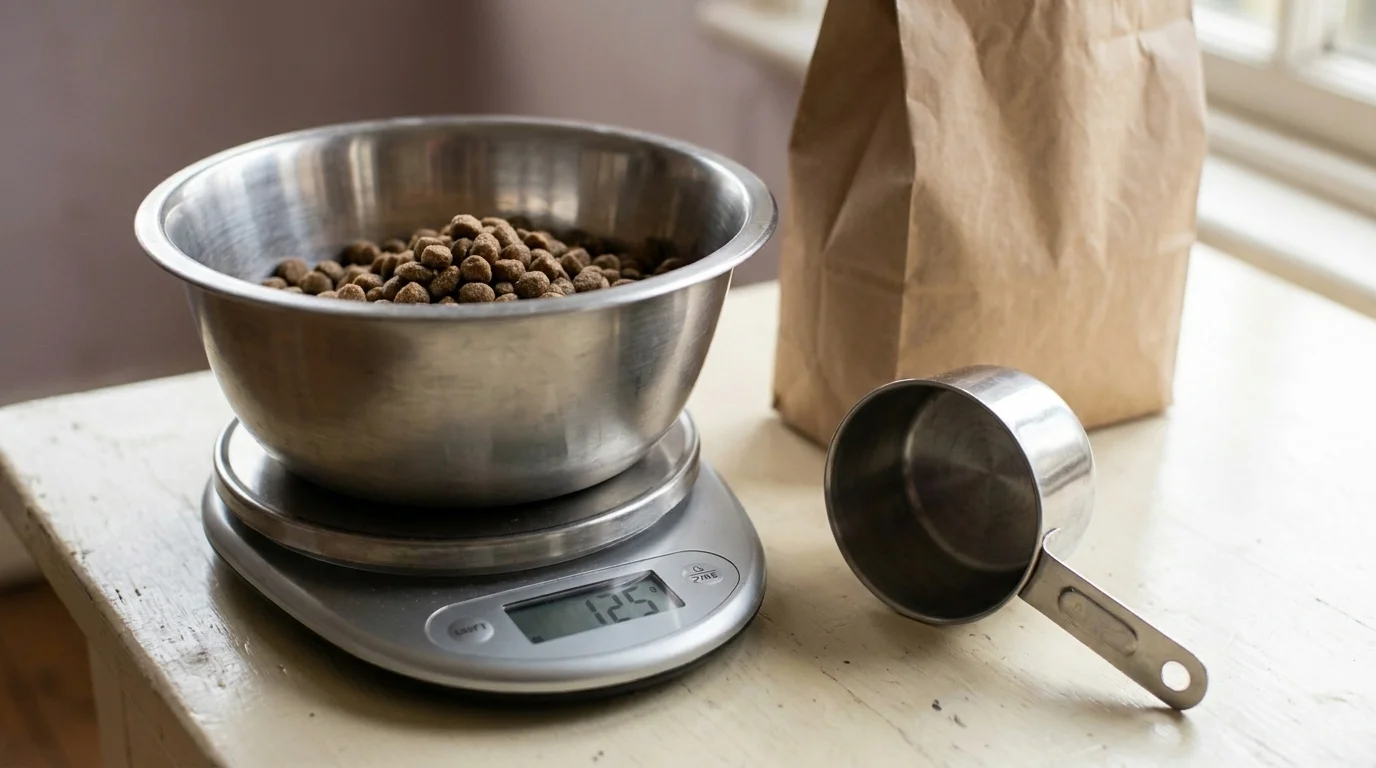 Kitchen scale weighing a measured portion of dry kibble into a stainless steel bowl beside a measuring cup and a kibble bag