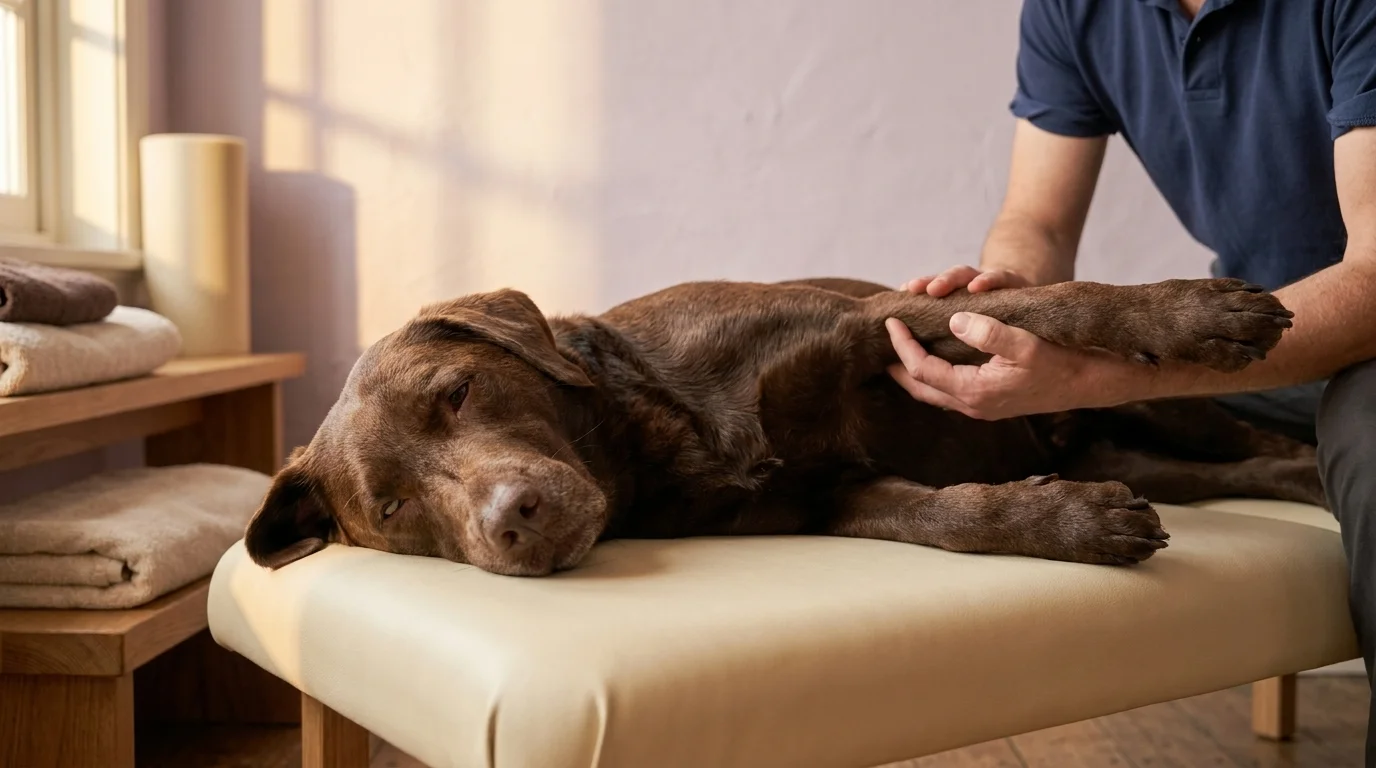 Labrador-mix relaxed on a low padded rehab bench while a practitioner's hands support her hind limb through pain-free PROM
