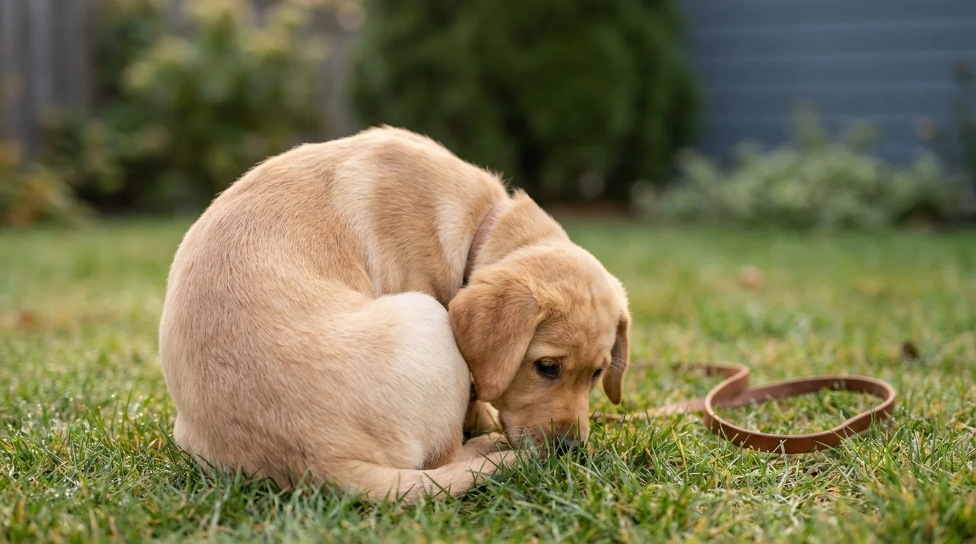 A Labrador puppy on a leash sniffing and circling on dewy grass, showing the classic pre-potty tell