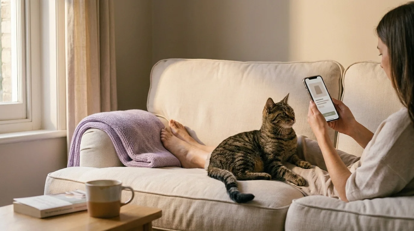 A person on a living-room couch using a smartphone to manage a pet-supply autoship subscription, a calm cat resting nearby