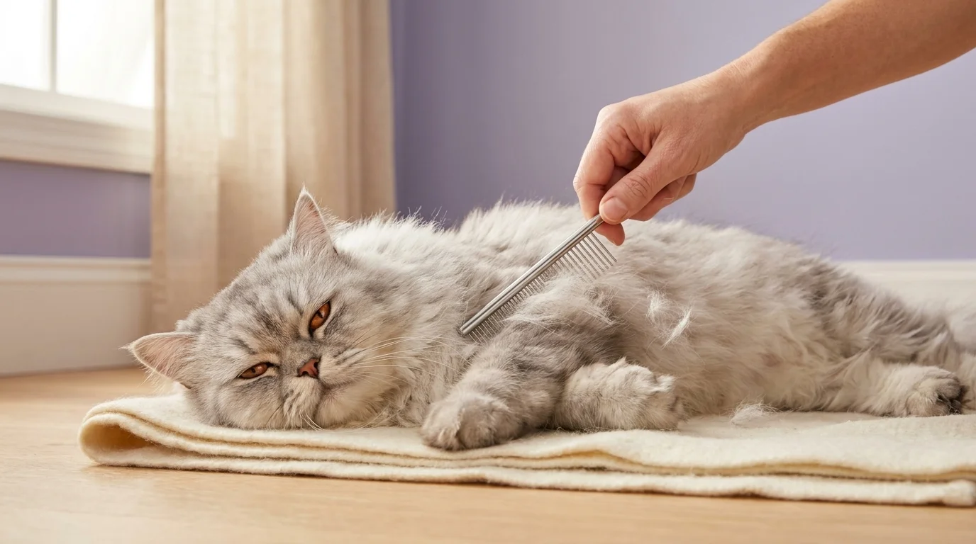 Silver Persian cat combed with a steel comb on a cream towel, slow-blinking — daily brushing prevents matted cat fur