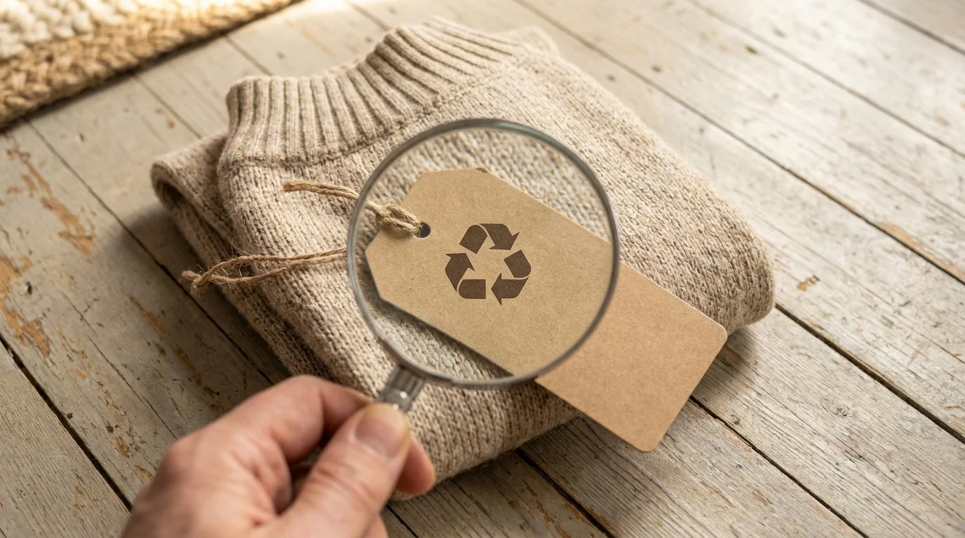 A hand holds a magnifying glass over a kraft hangtag showing a simple recycling symbol on a folded pet garment