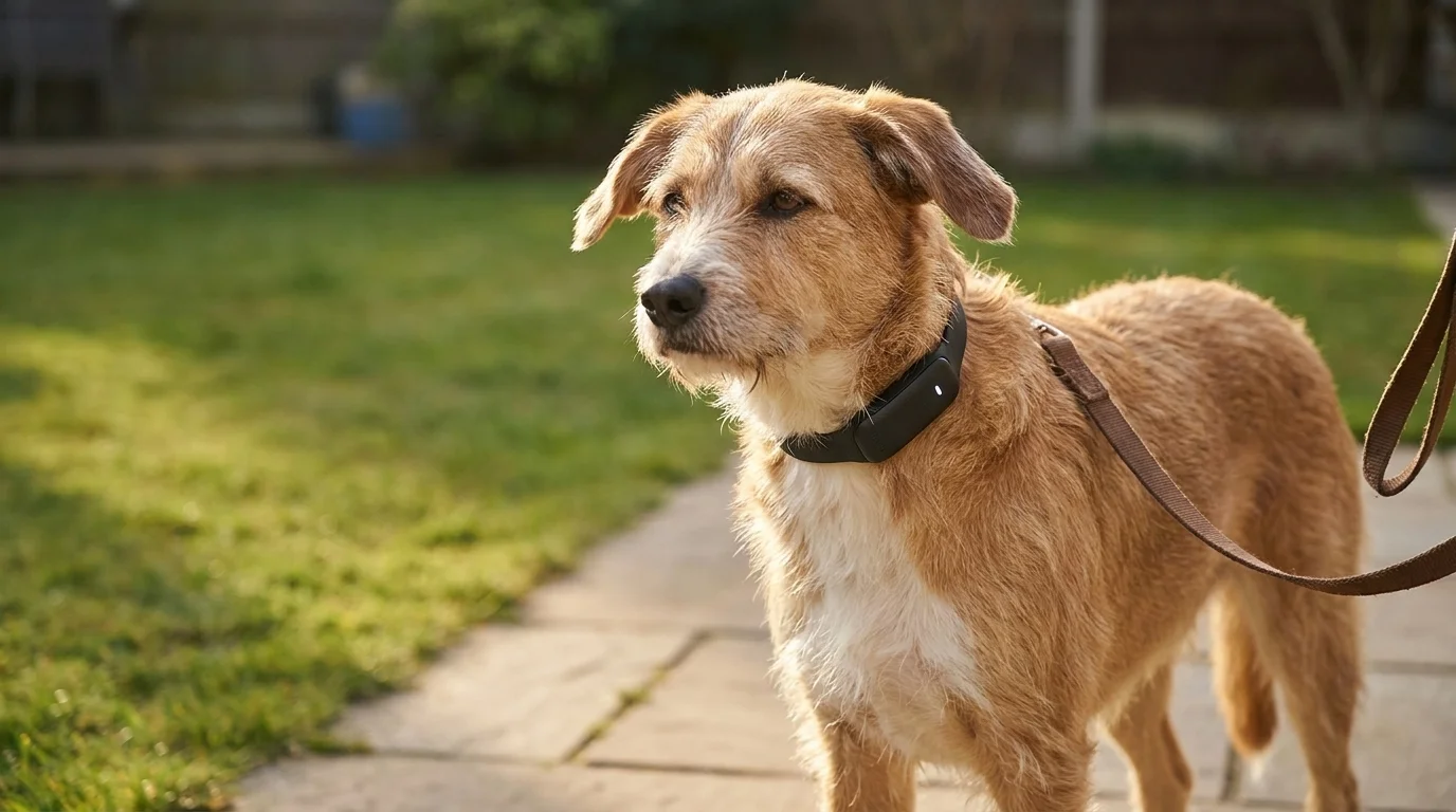 A medium-sized dog wearing a modern cellular smart collar with the device visible against neutral outdoor light