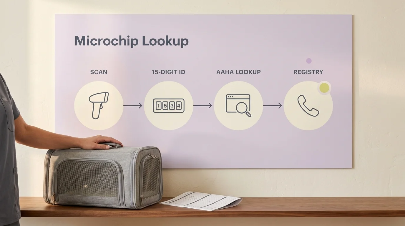Four-step microchip lookup flow diagram — scan, 15-digit ID, AAHA lookup, registry — with a cat carrier at the foreground