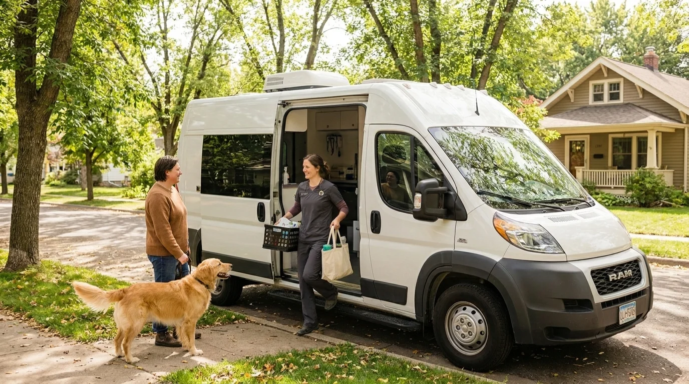 Mobile veterinary van parked in a neighborhood with a technician carrying supplies toward a waiting owner and dog