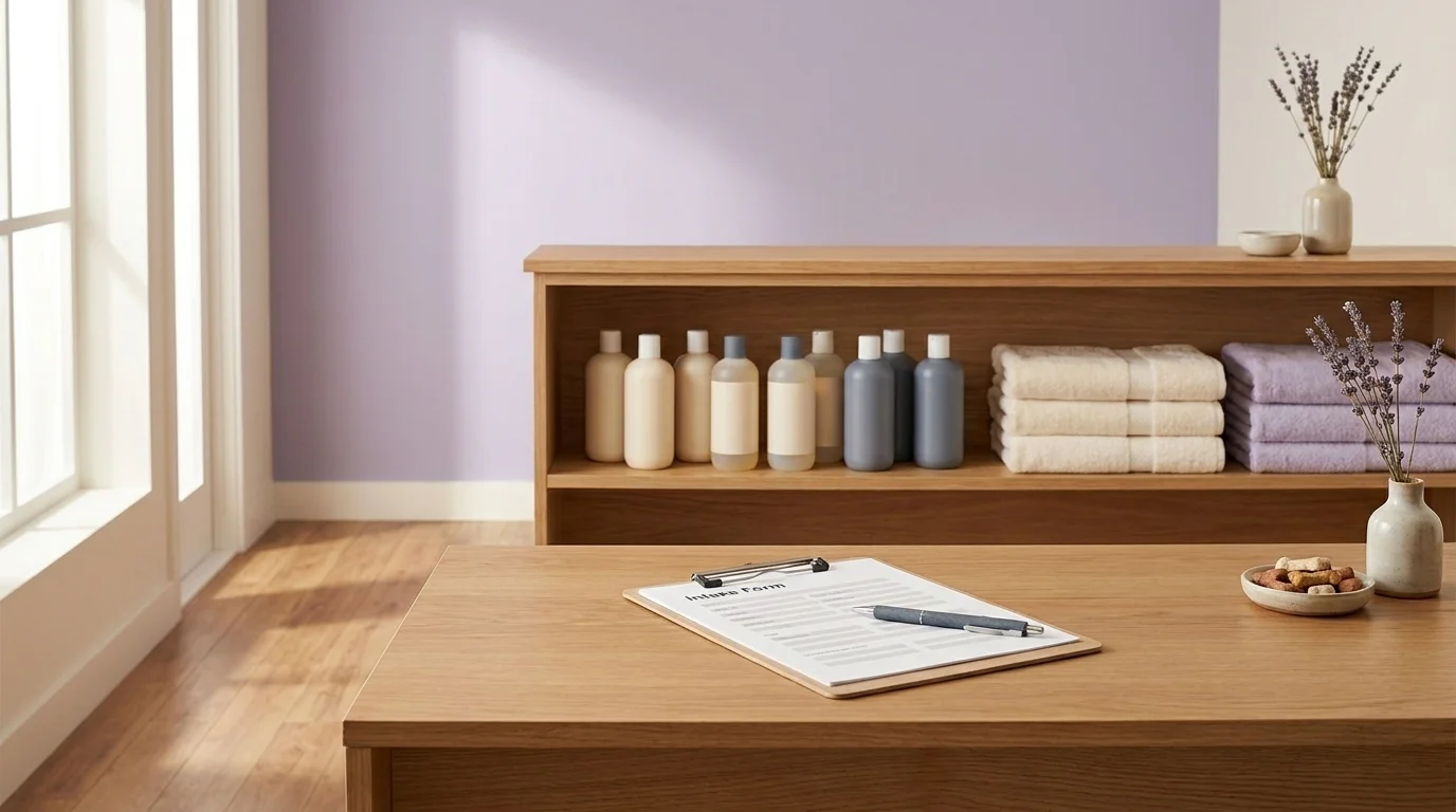 A modern groomer's intake counter with a clipboard and unlabeled shampoo bottles on a back shelf in soft daylight