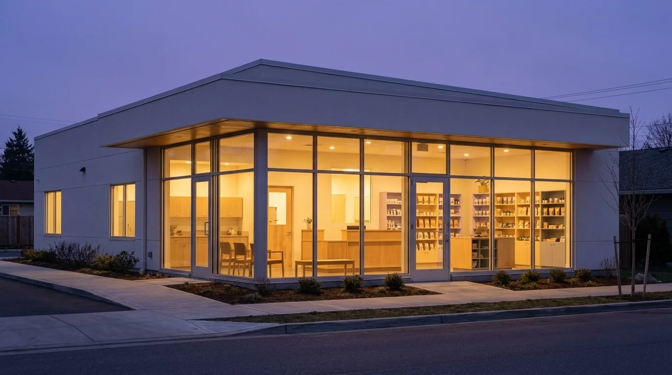 Modern veterinary clinic exterior at dusk with warm lights glowing inside, a familiar neighborhood business