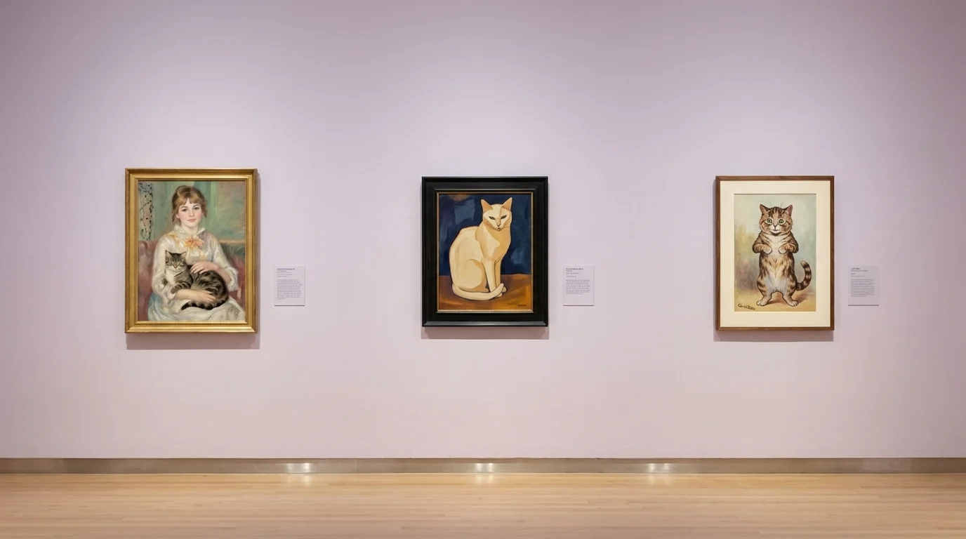 Museum wall hung with cats-in-art-history paintings: Impressionist portrait, Expressionist white cat, and a Louis Wain