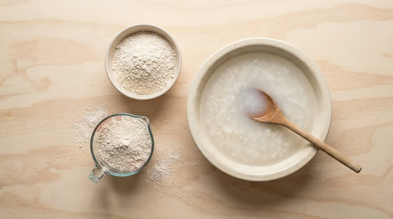 Flat lay of finely ground oats, a measuring cup, and a tub of milky oatmeal-infused bath water