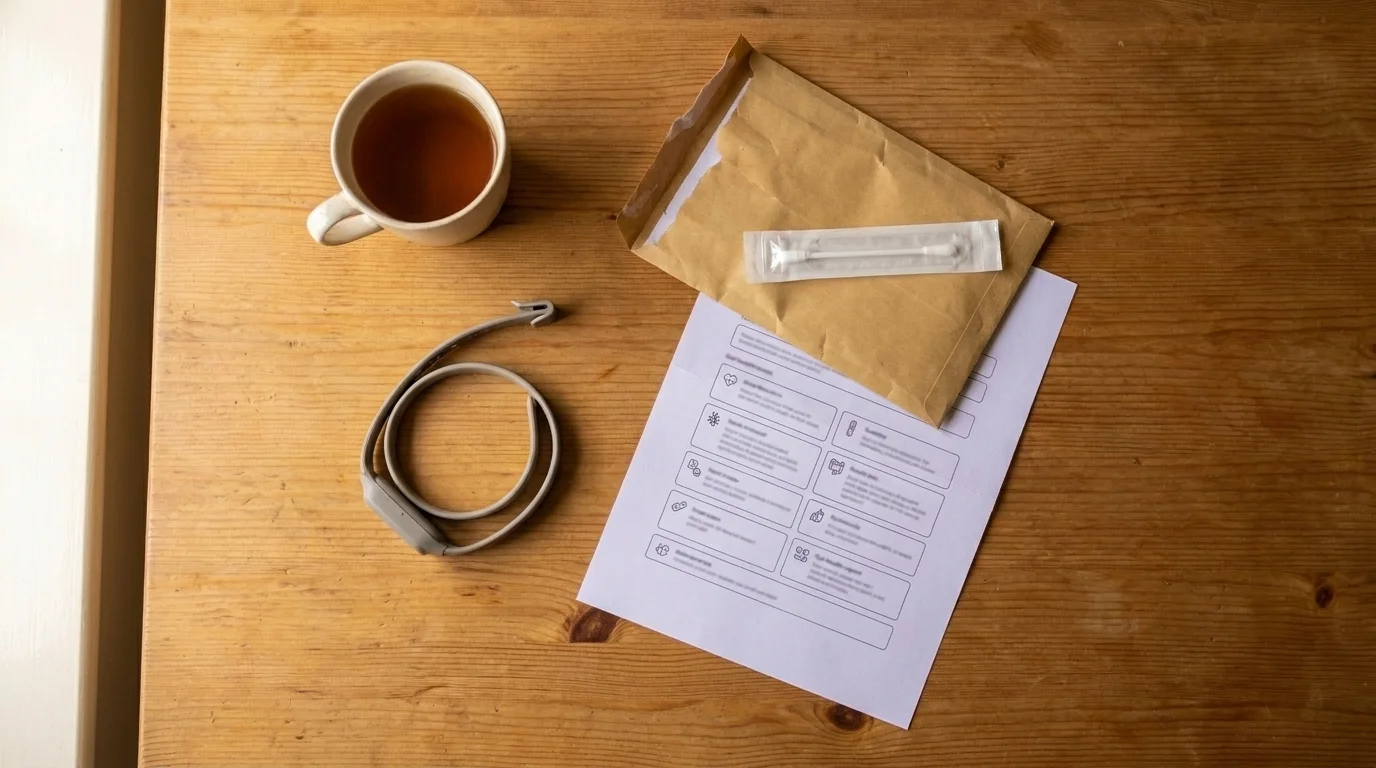 Overhead view of a kitchen counter with an open DNA-test kit, a smart collar, a gut-health report, and a coffee mug