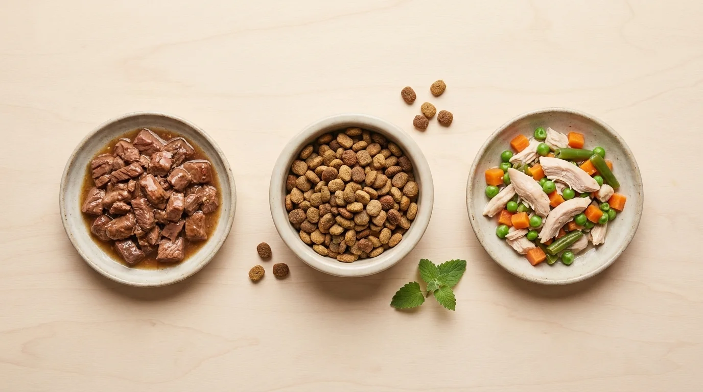 Overhead view of three dishes comparing premium cat food formats: wet chunks in gravy, dry kibble and fresh cooked food