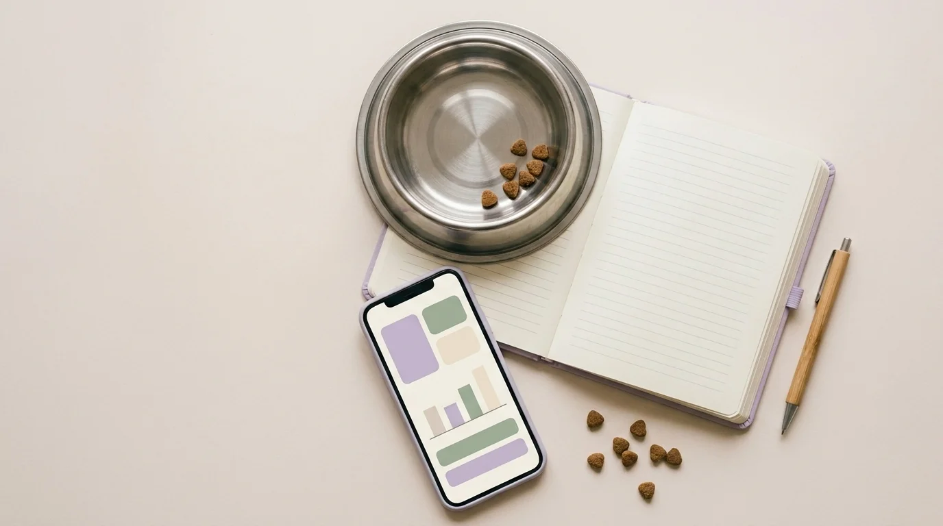 Overhead flat-lay of a pet budget setup — notebook, reusable food bowl and a finance-tracking app on a phone