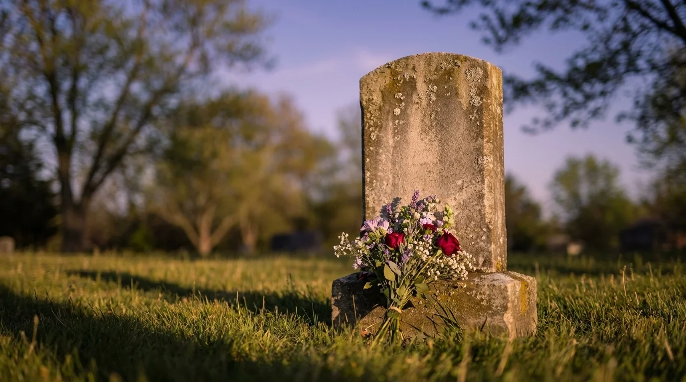 A weathered stone marker in a small pet cemetery at dusk with a single bouquet at its base