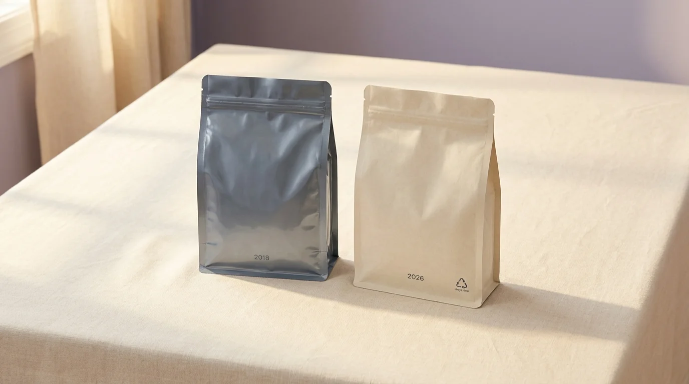 Pet food packaging: 2018 multilayer foil pouch beside a 2026 mono-material recyclable pouch with a recyclable mark
