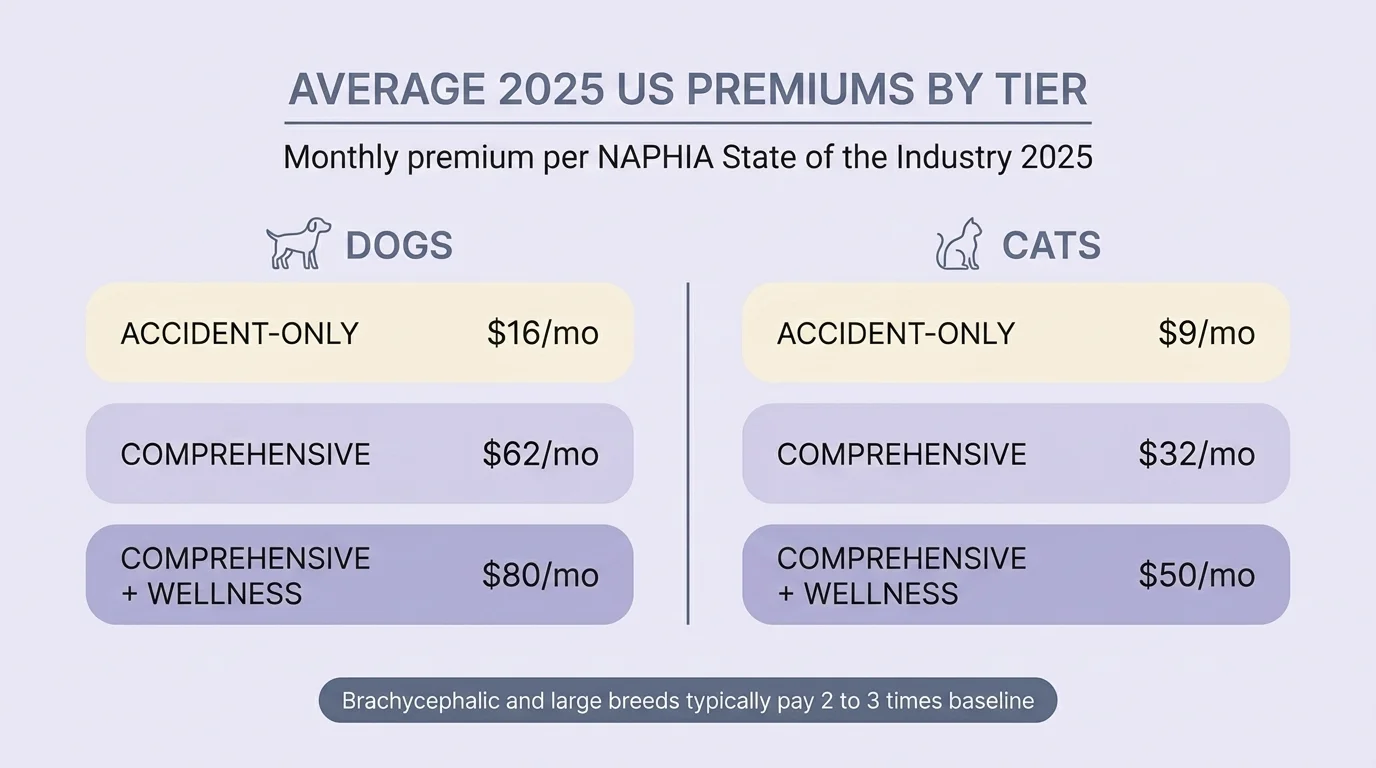 2025 monthly pet insurance premiums: dogs $16/$62/$80, cats $9/$32/$50 across accident, comprehensive, wellness — NAPHIA