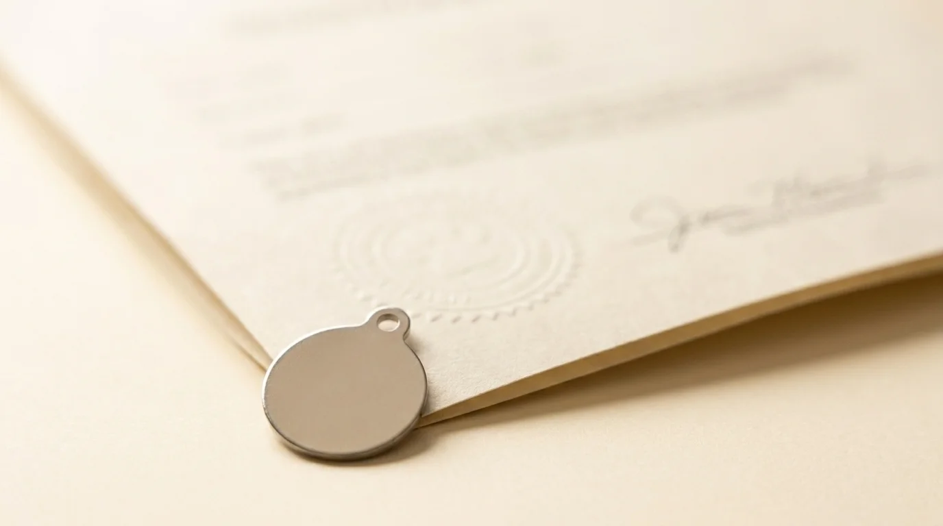 Close-up of a metal pet registration tag resting on a folded compliance certificate with an official seal