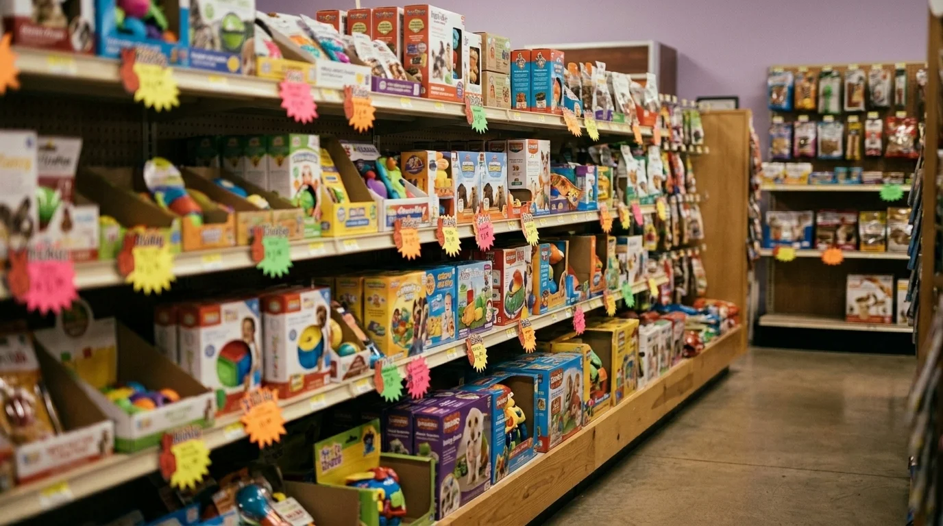 Angled view of a crowded pet store shelf packed with brightly boxed toys and treats marked with bold sale and limited-edition tags