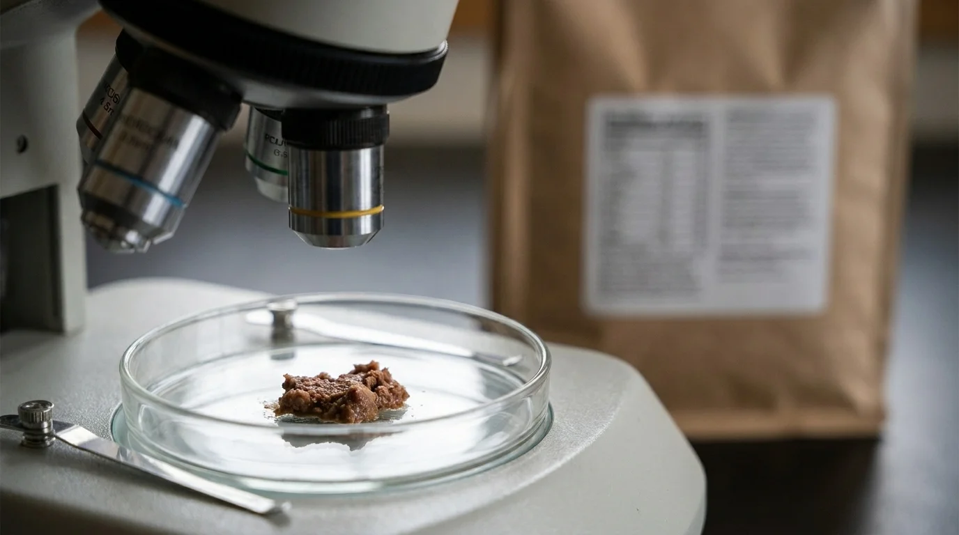 Petri dish sample under lab light with a blurred pet-food bag label behind, testing a labeling claim