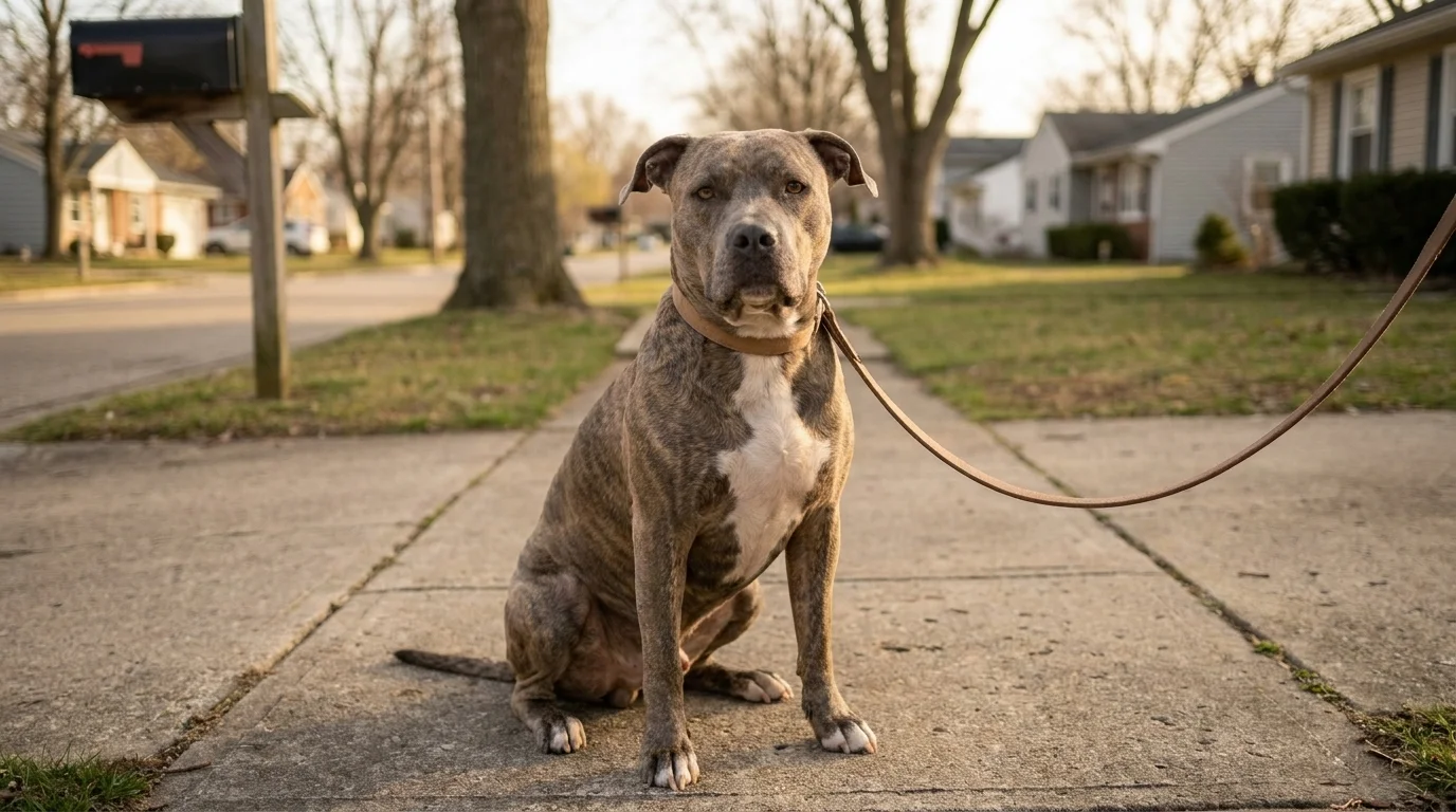 Calm pit bull-type dog sitting on a leash on a quiet suburban sidewalk near a mailbox in afternoon light