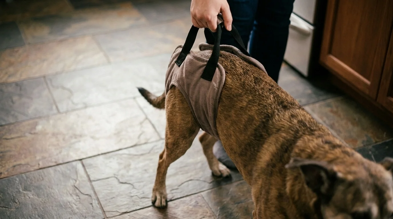 Padded rear-support harness for a disabled dog held by an owner's hand on a kitchen floor
