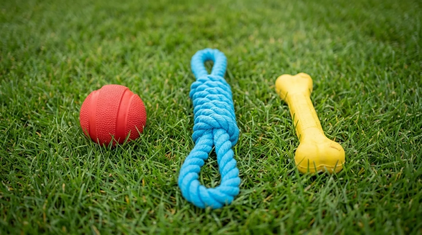 Red rubber ball, blue tug rope, and yellow fetch toy on green grass, where only blue and yellow stay visible to a dog
