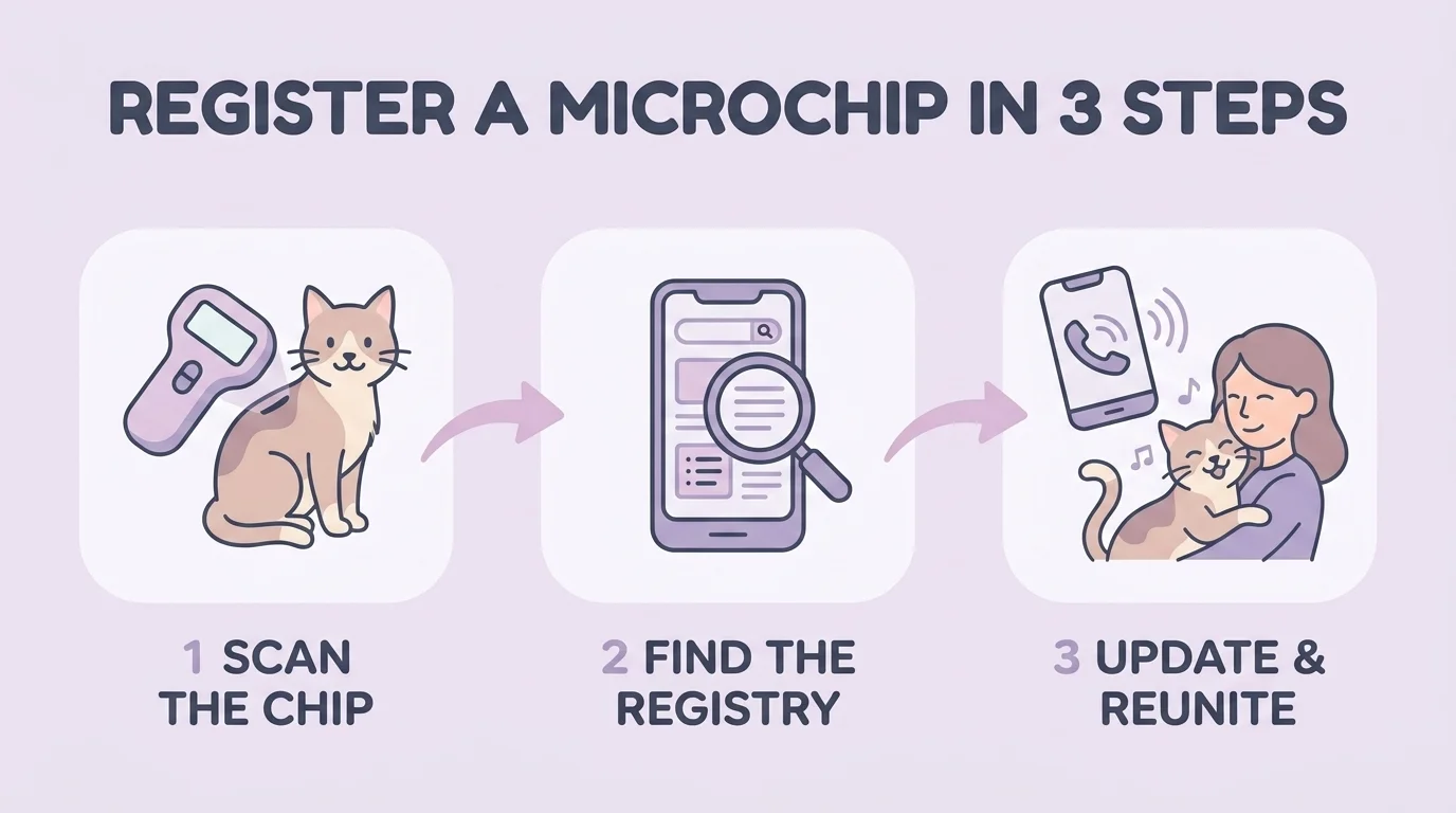 Three-step flow to register a pet microchip: scan the chip, find the registry, update details and reunite