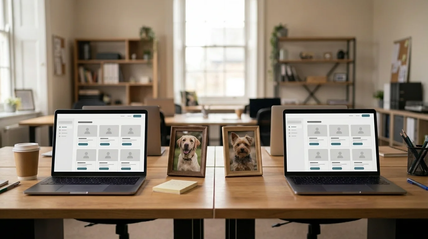 Two adjacent early-2010s startup workstations sharing a desk, each laptop showing a pet-sitting marketplace mock-up