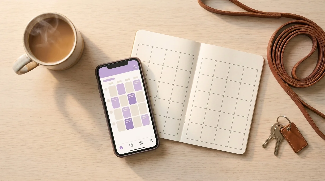 Overhead flat-lay of a pet-care scheduling app, paper calendar, coffee, and a coiled dog leash on a desk