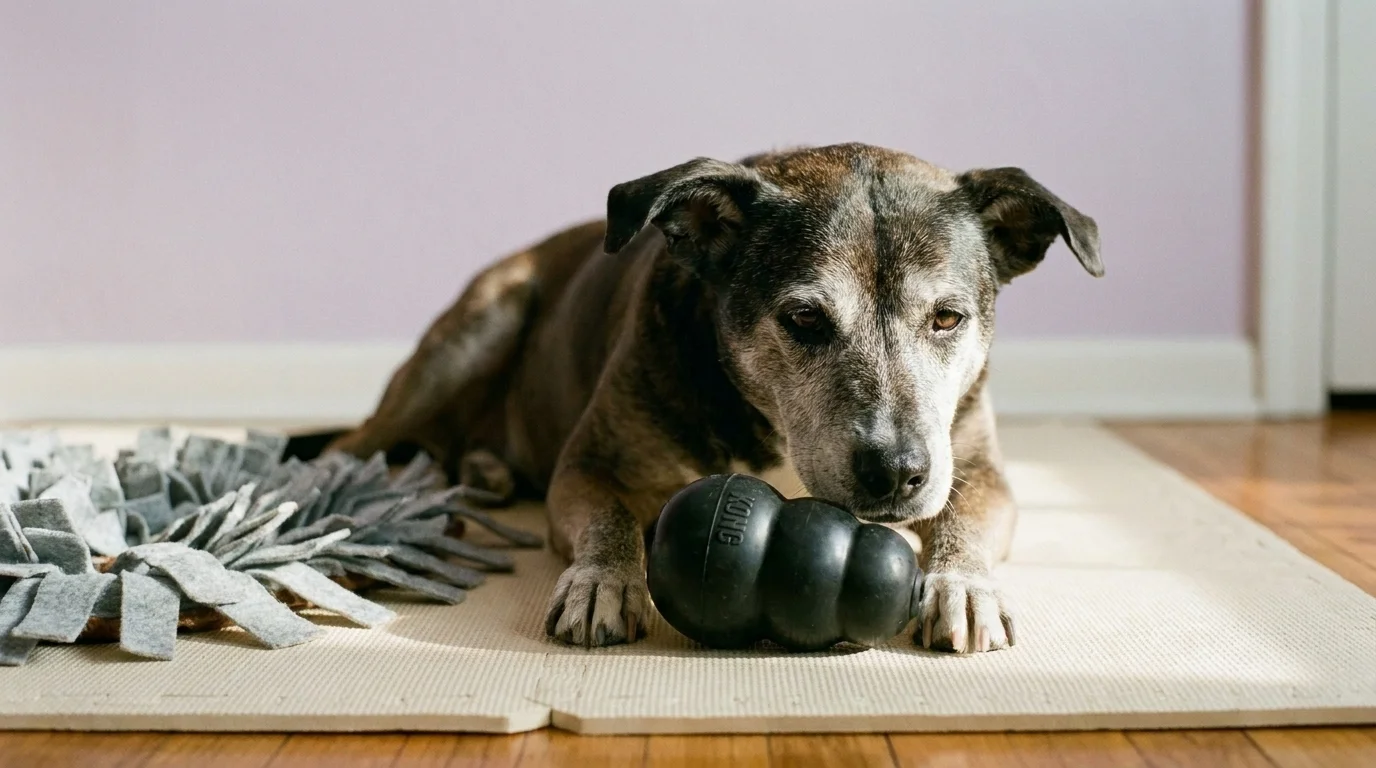 Senior mixed-breed dog with graying muzzle working a Kong puzzle beside a snuffle mat on a soft cream mat