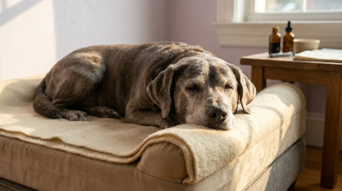 Senior mid-sized mixed-breed dog with graying muzzle resting on a thick orthopedic foam bed in a sunlit living room corner