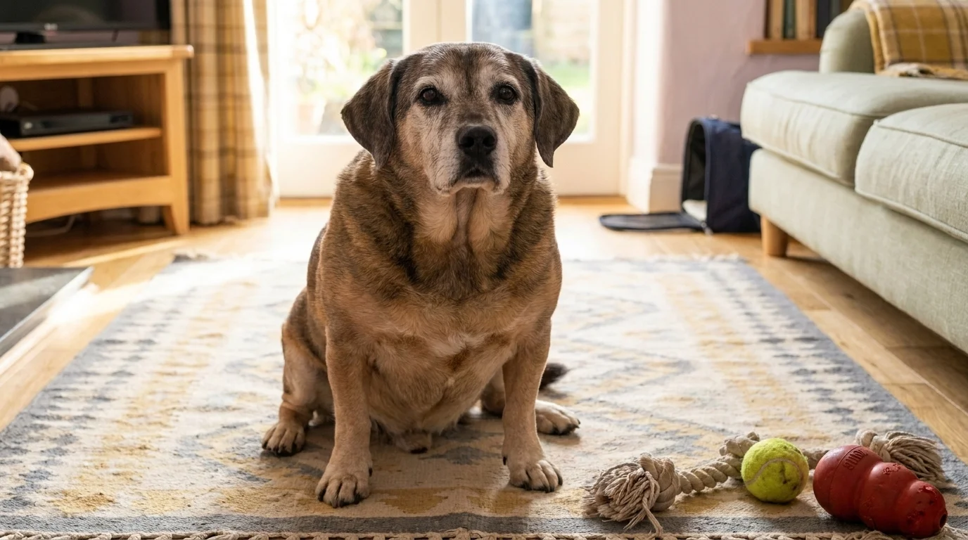 Older mixed-breed dog with graying muzzle sitting squarely on a worn wool kilim rug in a sunlit living room