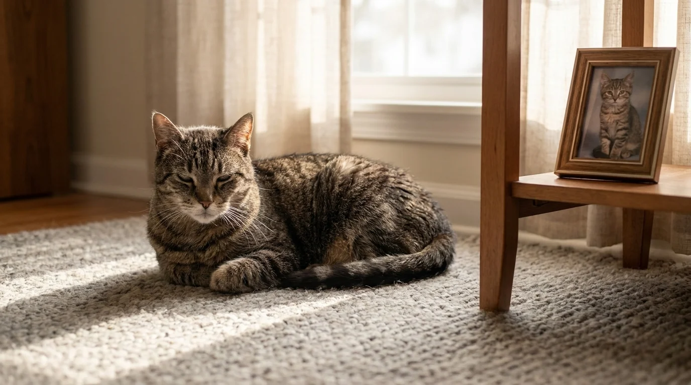 Senior tabby with greying fur curled on a rug near a sunlit window, a framed photo of her younger self on the side table
