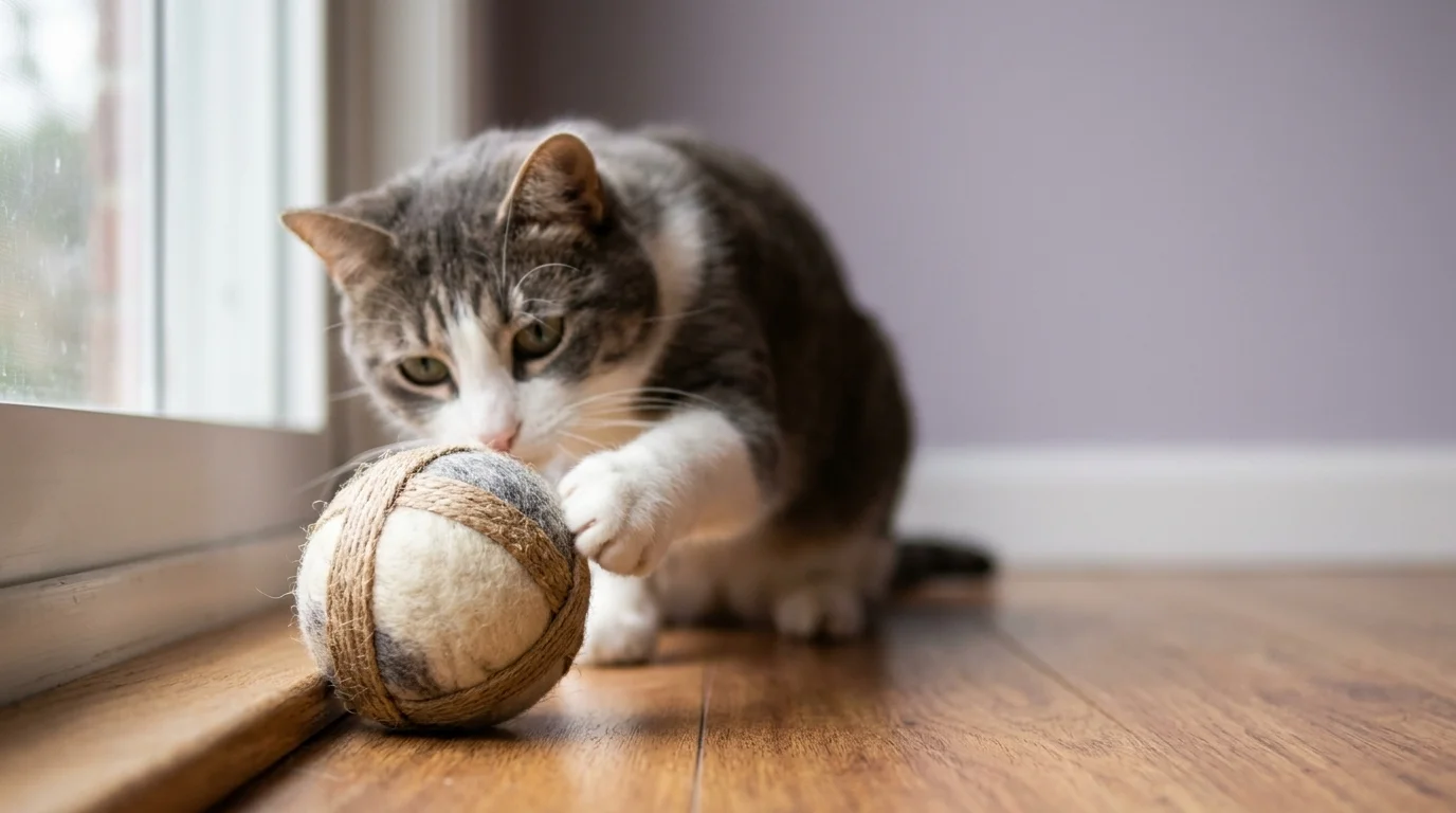 Shorthair cat batting an undyed wool-and-hemp ball, one of the simplest eco friendly cat toys, on a sunlit wood floor