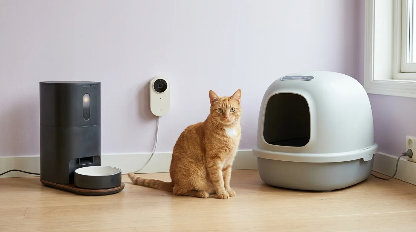Modern home pet-tech setup with a smart feeder, wifi camera, and covered automatic litter box, a ginger cat alert between