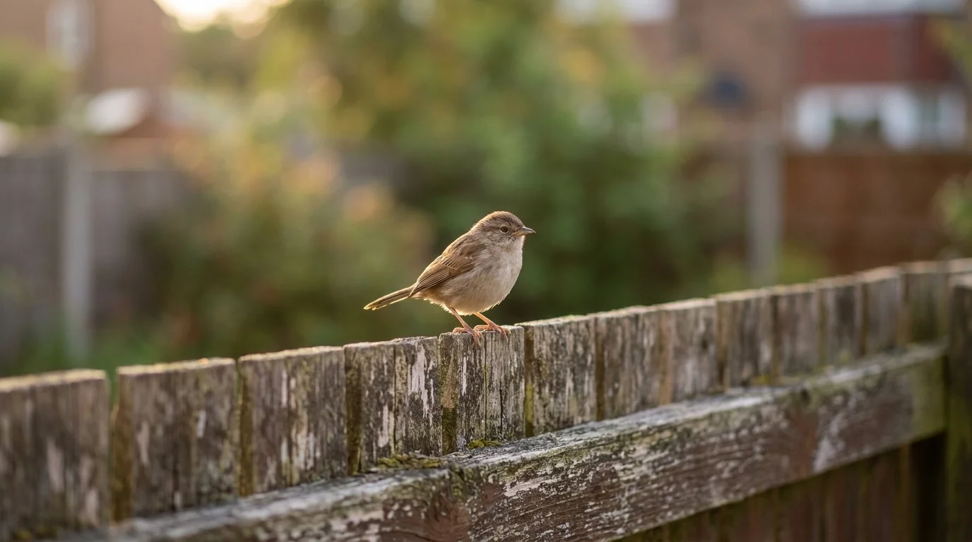 Small songbird perched alert on a weathered backyard fence at dawn with a garden blurred behind