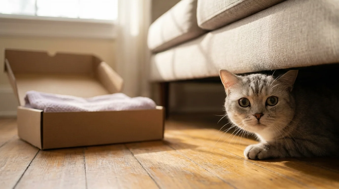 Tabby cat slowly emerging from under a couch in a softly lit living room with a cardboard hiding box in the background