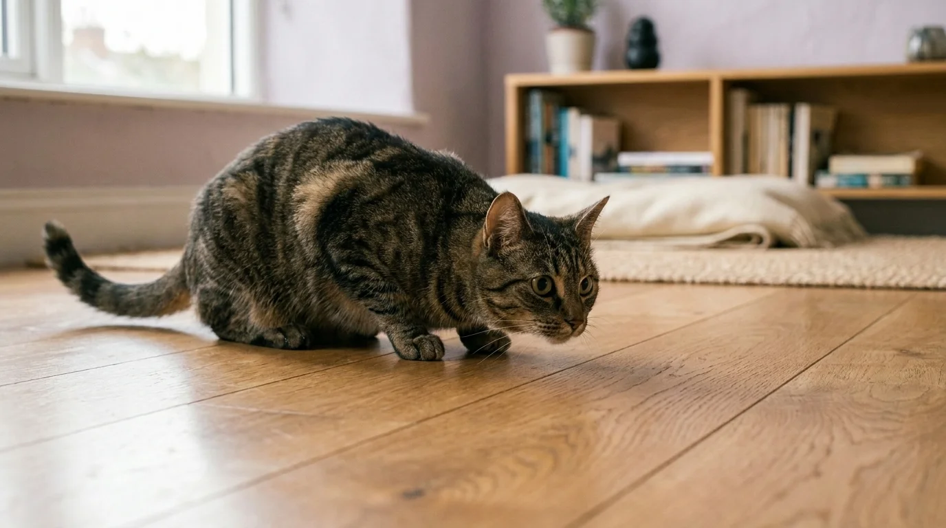 Adult tabby in a low mid-stalk crouch on a polished oak floor, ears swiveled forward, eyes locked on a target across the room
