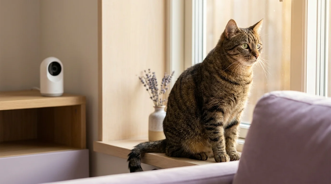 Tabby on a sunlit windowsill with a small pet camera on a shelf behind — observation, not surveillance