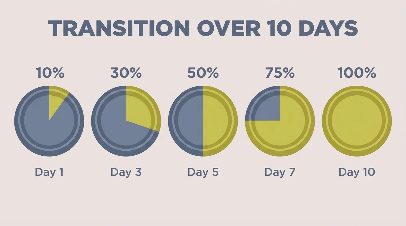 Ten-day dog food transition schedule showing five bowls shifting from mostly old food to fully new across Day 1 to Day 10