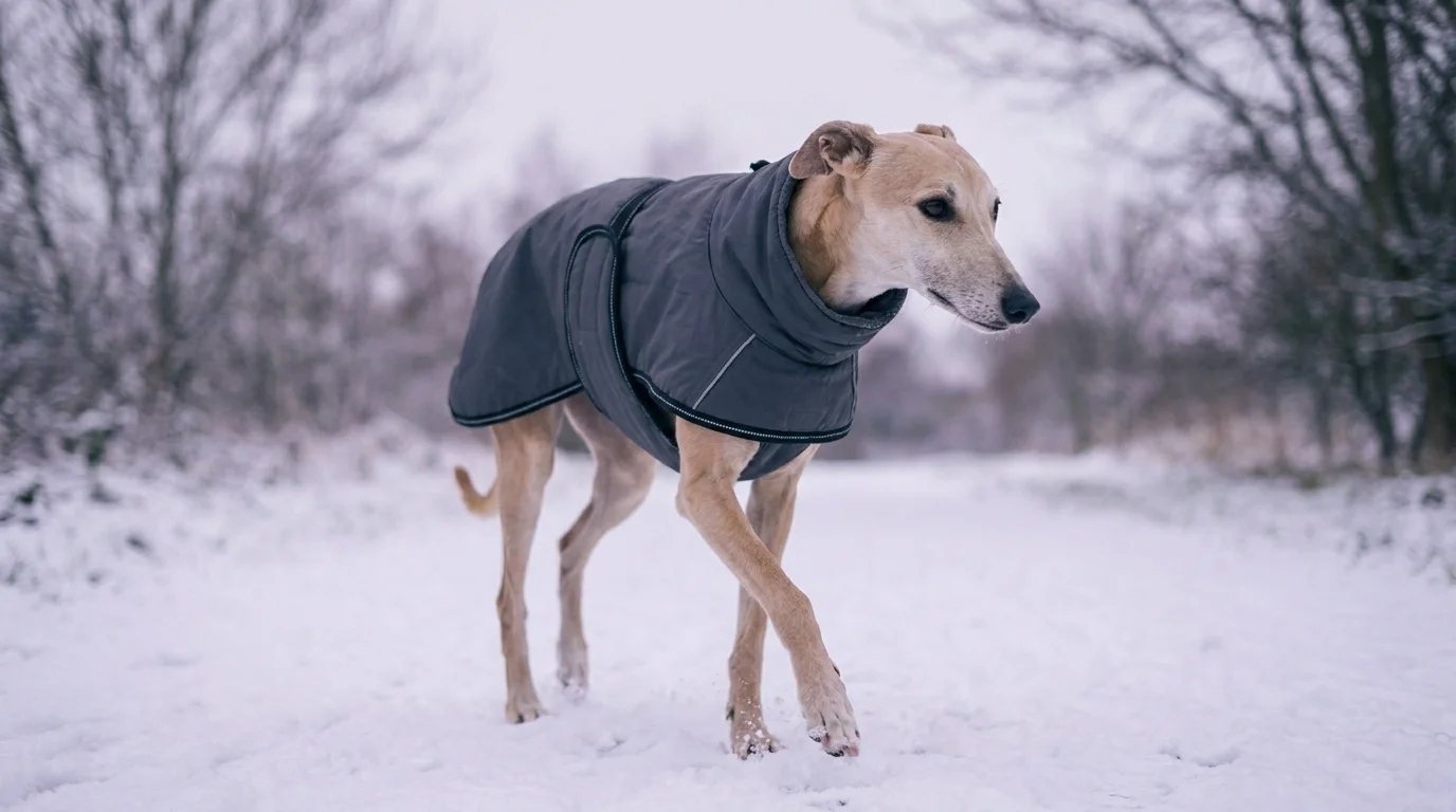 A thin-coated greyhound in a well-fitted insulated coat walks comfortably through light snow on an overcast day