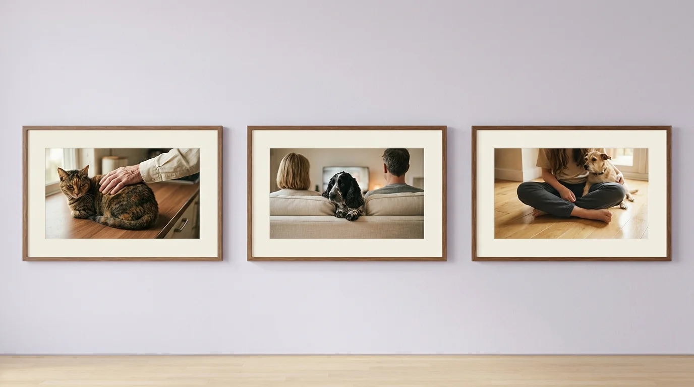 Three framed photos: Japanese hand on a cat, British couple with a spaniel, Gen Z person with a rescue dog