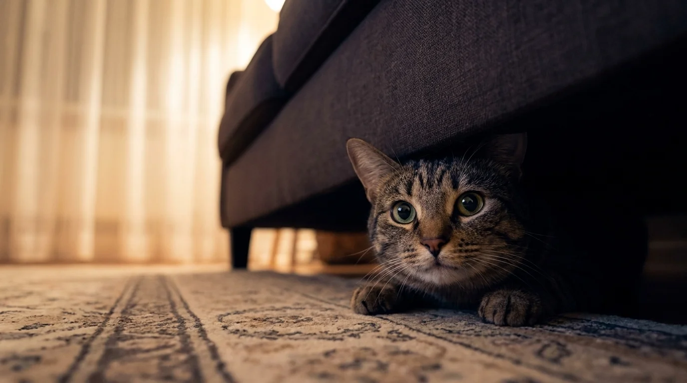 Timid tabby rescue cat peering out from beneath a sofa, only its face and front paws visible